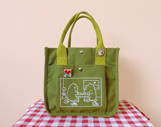 Matcha Cat Embroidered Canvas Tote Bag