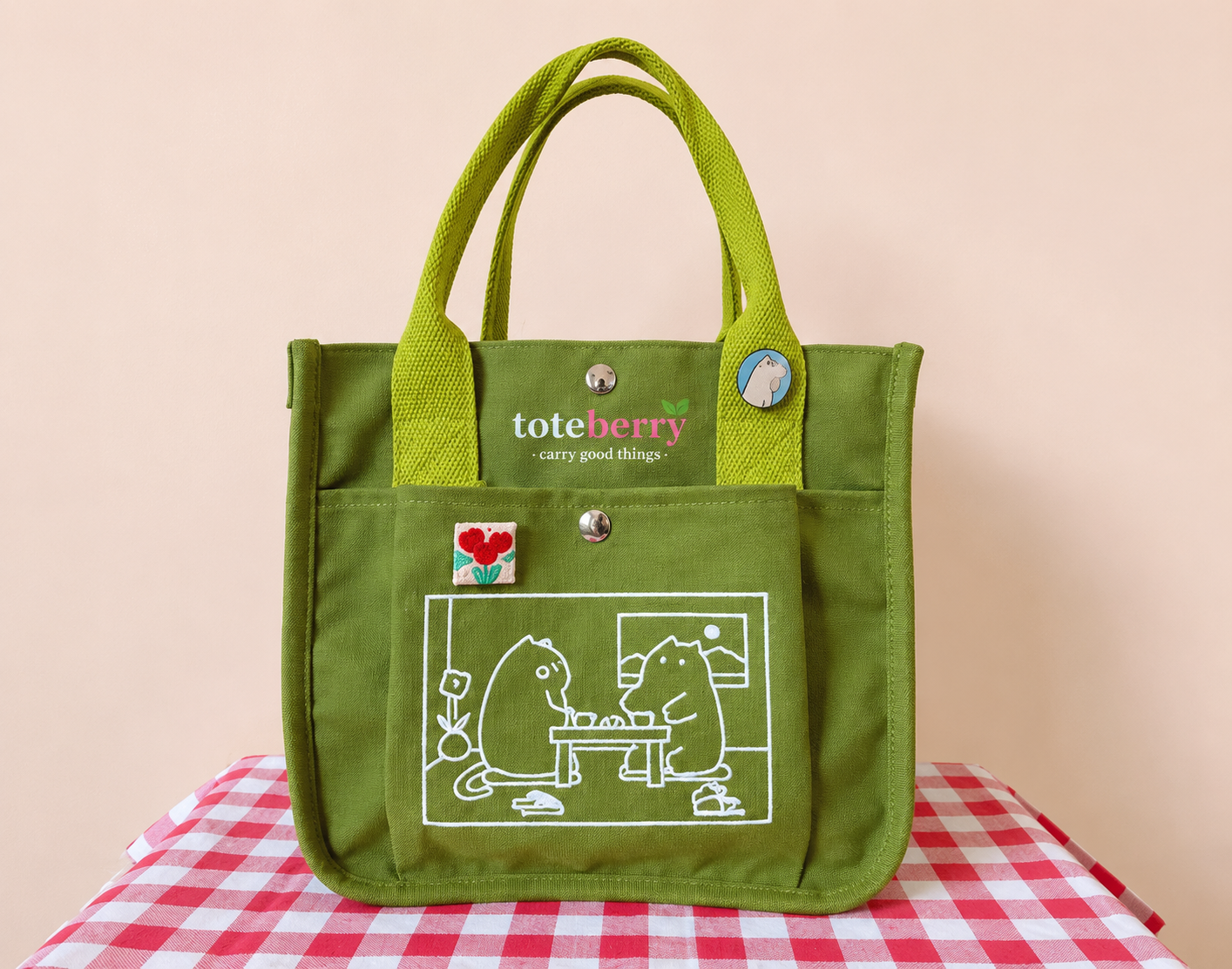 Matcha Cat Embroidered Canvas Tote Bag - Kawaii Daily Shoulder Bag